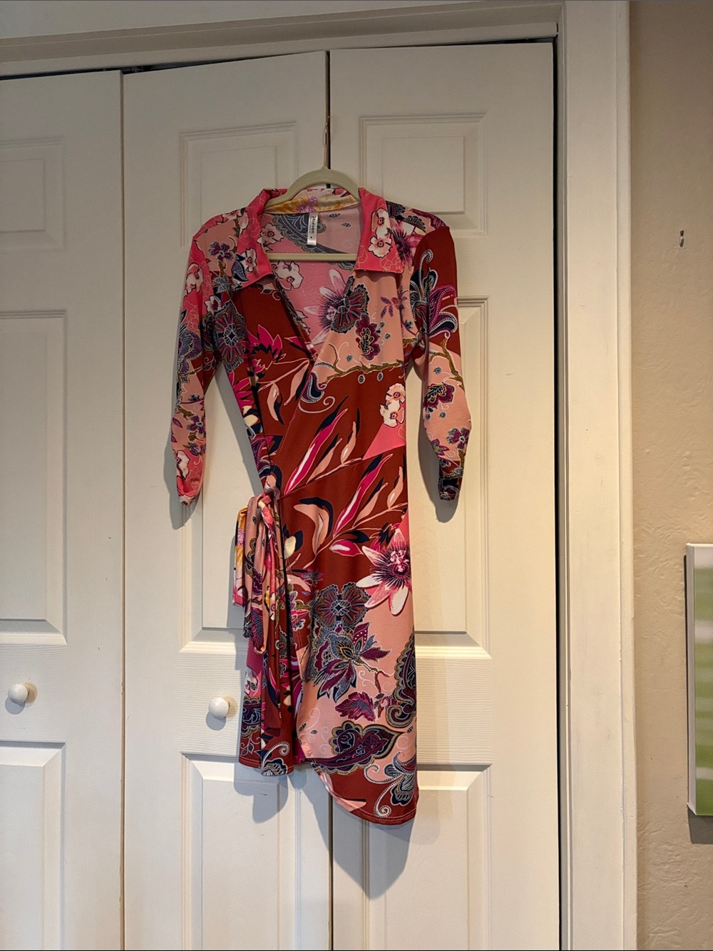 Pink Floral Wrap Dress with Long Sleeves